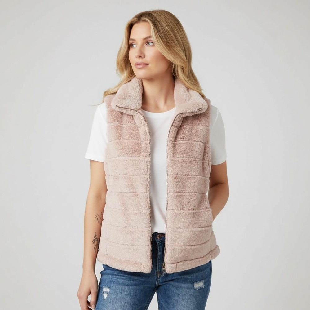 Dylan Faux Fur Quilted Vest Large Pink Zip Front Mock Neck Puffer